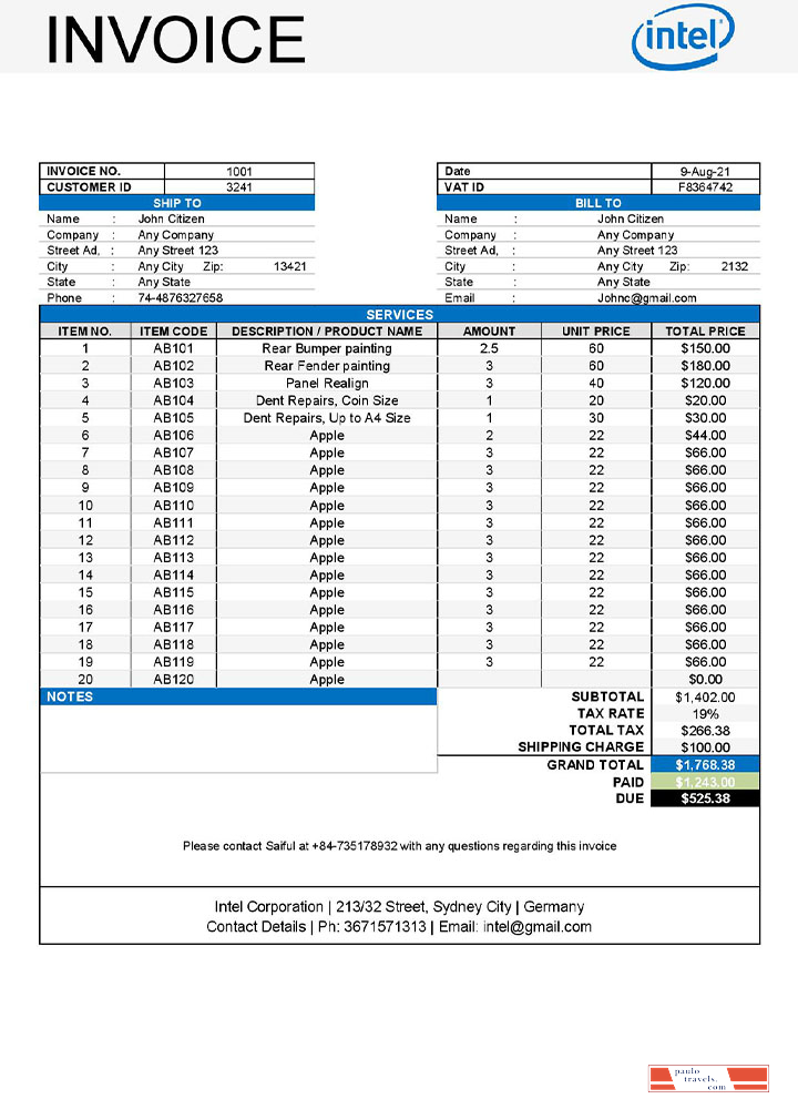 USA Intel invoice template PSD template